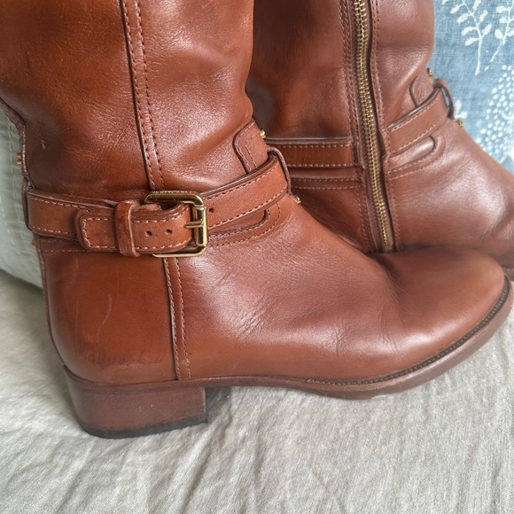 Tory Burch Chestnut Brown Leather Knee Boots with Gold Logo - Picture 6 of 11